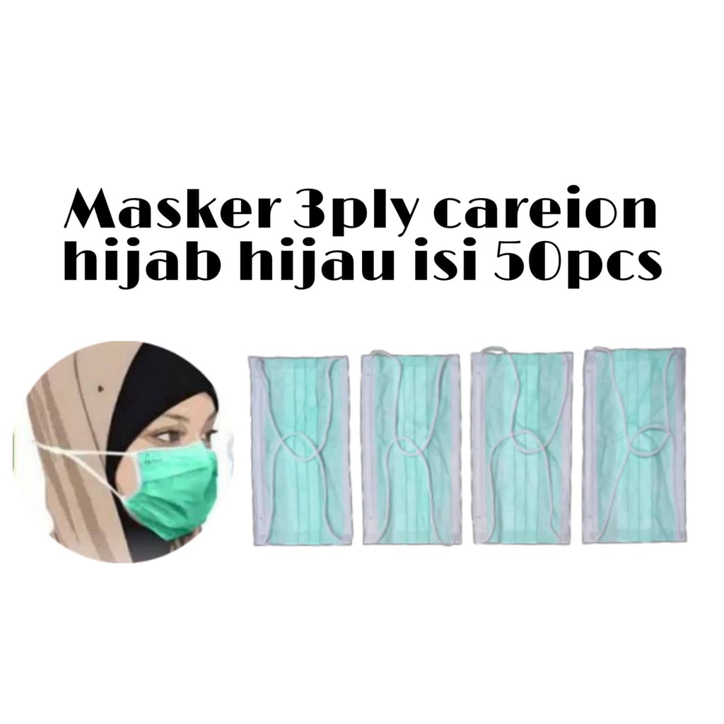 3PLY HIJAB CAREION - MASKER 3PLY HITAM BLACK CAREION EARLOOP HIJAB DISPOSABLE FACE MASK 1 BOX 50 PC