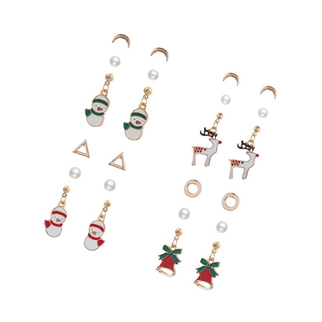 LRC Anting Tusuk Fashion Golden Elk Alloy Drop Oil Cartoon Snowman Bell Christmas Earring Set D22092