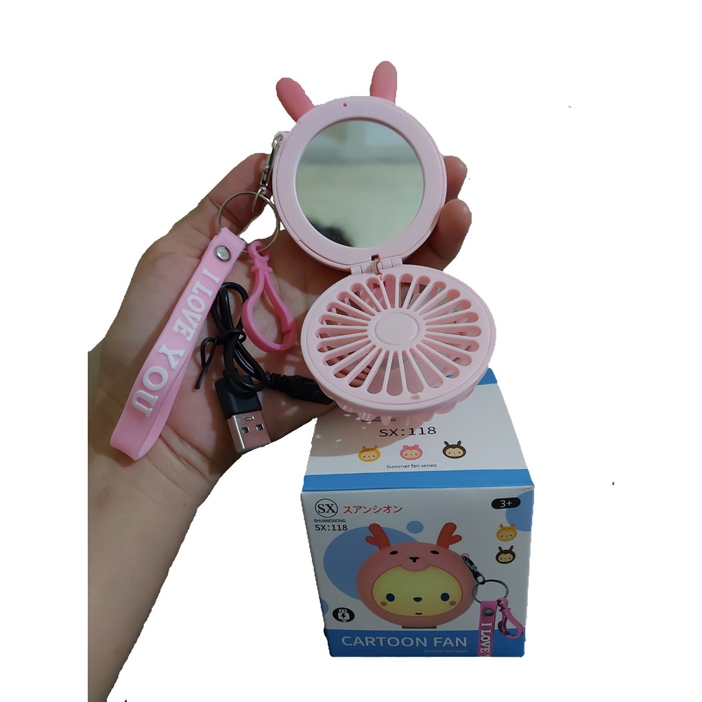 (COD) TERBARU MINI FAN KARAKTER PORTABLE 2 IN 1 KIPAS DAN CERMIN FREE GANTUNGAN kunci I LOVE YOU UNIK LUCU RUSA KELINCI PINK Model Kartun Hewan Dengan Cermin + Gantungan Kunci