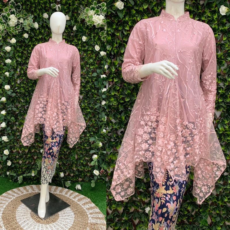 terbaru set kebaya tunik mauri / set kebaya tunik tulle mutiara bordir timbul / set kebaya pesta