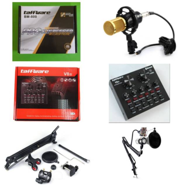Paket Mic Condenser + Stand Mic Holder + Soundcard / Mixer Sound Card V8