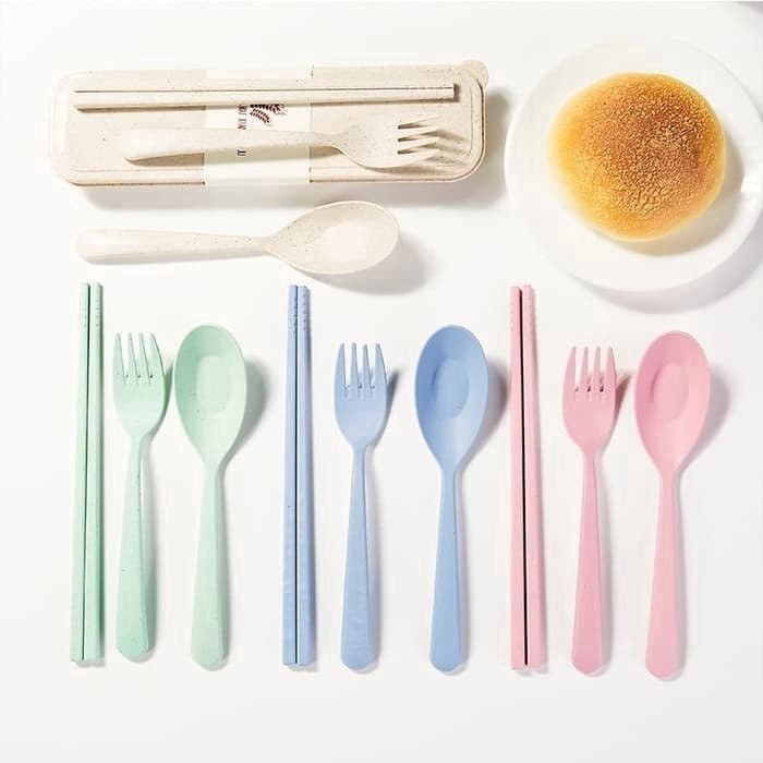 Sendok Set Jerami Alat Makan Souvenir Korean Sumpit Travel Gandum Unik Kado Lunch Box Kotak Makan