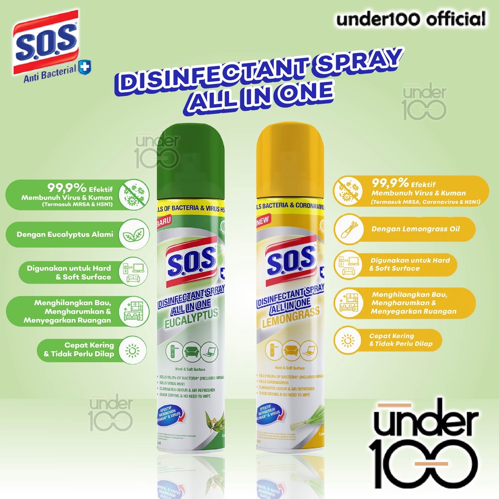 ❤ Under100 ❤ SOS Disinfectant Disinfektan Spray All in One Eucalyptus | Lemongrass 250 ml