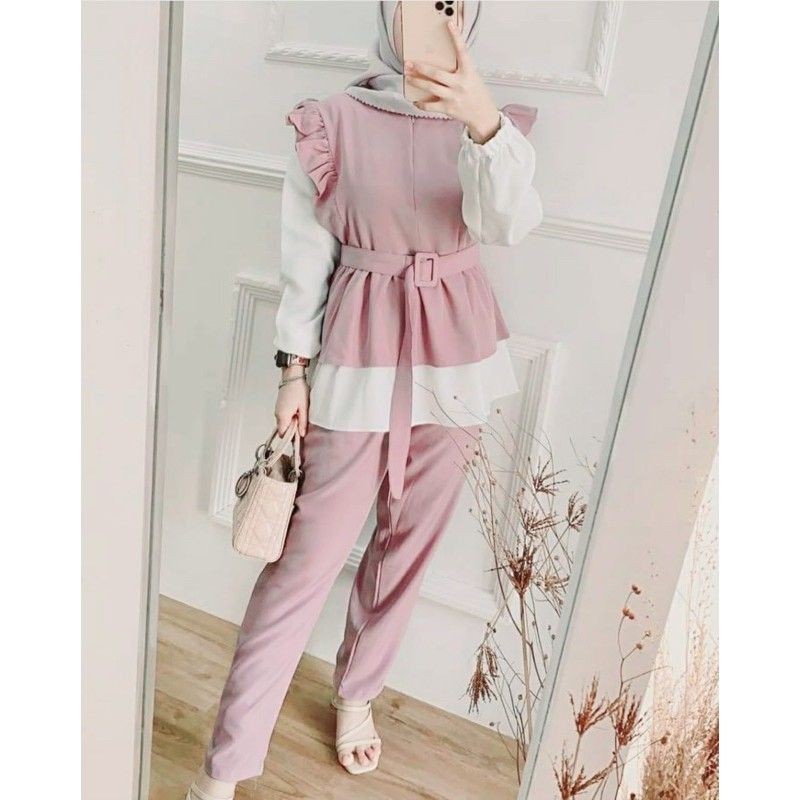 MURAH LEBAY ONE SET JUMBO - STANDART / SETELAN RAYON - MOSCREPE /Malika One Set// One Set Terbaru Kekinian Moscrepe Wanita /  FREE BELT TALI PINGGANG