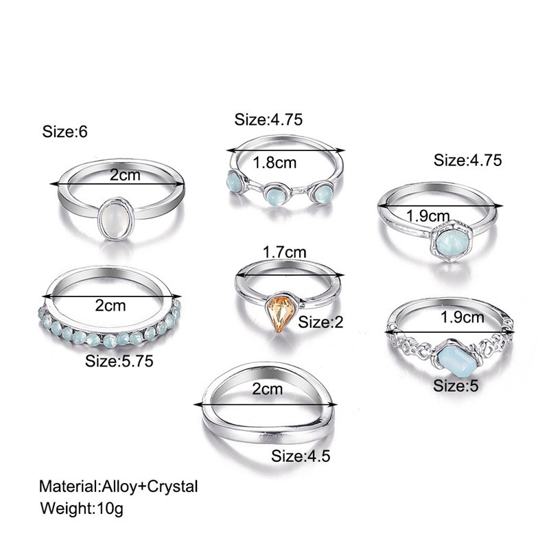 7pcs / Set Cincin Desain Water Drops Aksen Berlian Imitasi Untuk Wanita