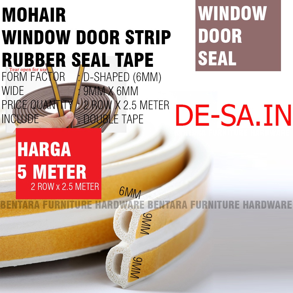 5 METER TIPE-D Moher Window Door Seal Strip PUTIH WHITE Mohair Karet Double Tape Self Adhesive Celah Pintu Jendela EPDM FOAM RUBBER