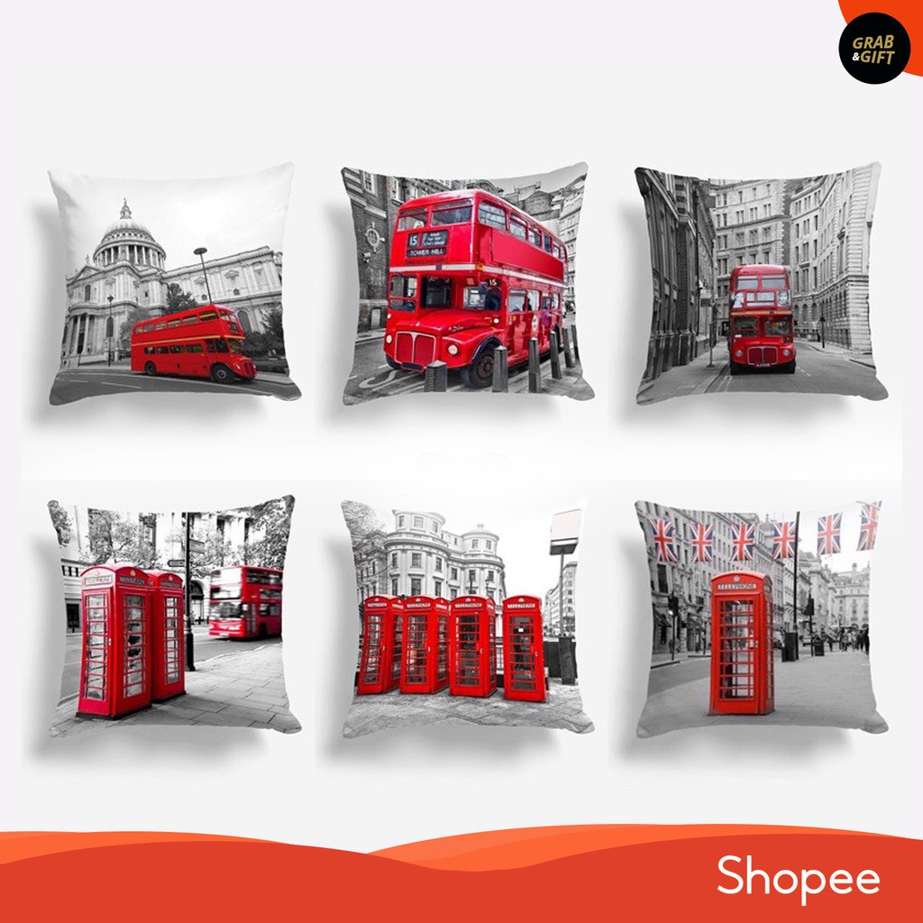 Bantal Sofa London Icon in Red Black White Bus &amp; Phonebox Merah 40x40 cm Pillow Cushion