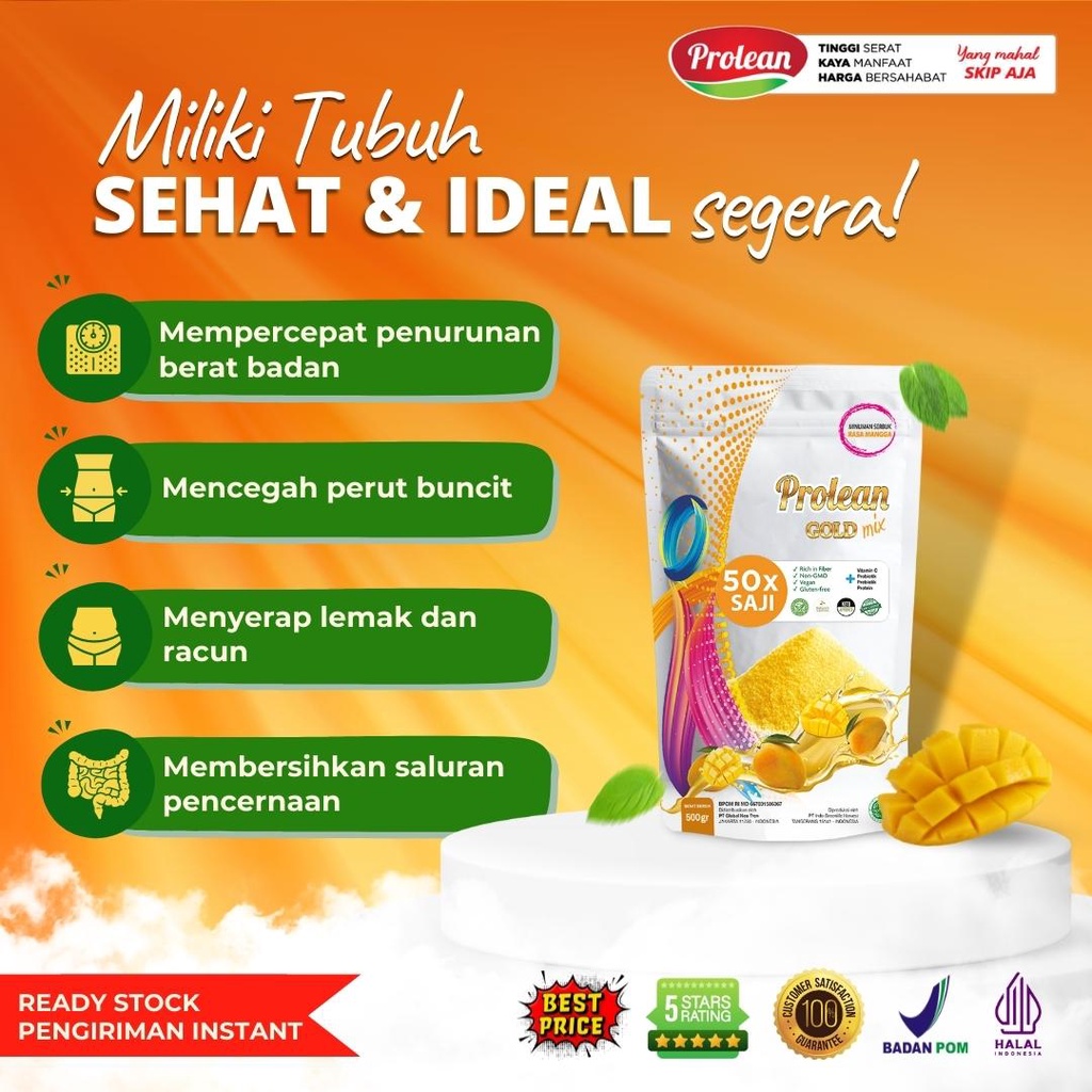 PROLEAN Minuman Serbuk Tinggi Serat | Psyllium Husk, Chiaseeds, Protein, Probiotik, Prebiotik, Vitamin C | Rasa Mangga