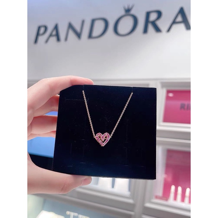 Pandora Kalung 925 Silver Rose Gold 18K Dengan Liontin Hati Aksen Berlian Kubik Zirkonia Untuk Wanita