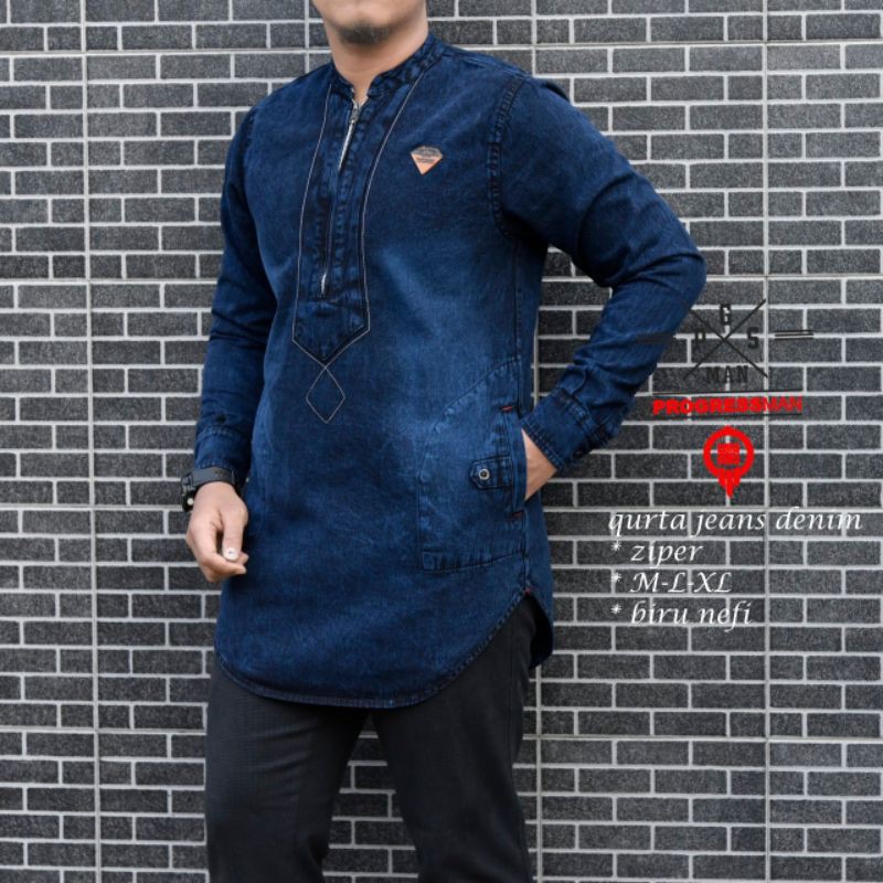 Koko denim pria lengan panjang / qurta denim ziper Pakistan premium