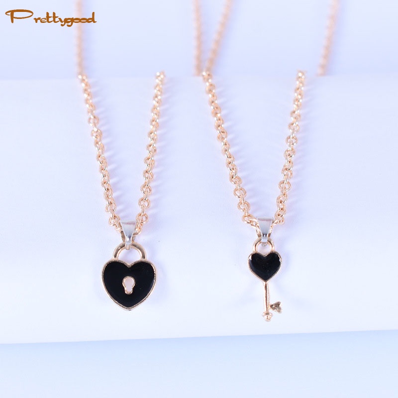 2 Pcs Fashion Wanita Trendi Kunci Liontin Link Rantai Kalung Hati Pasangan Pecinta Kalung - PD