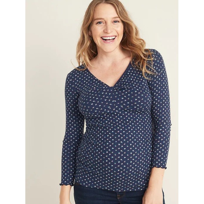 Pabrik branded QldN@vy Maternity twist front blouse wanita S M navy printed bunga floral katun ribbe
