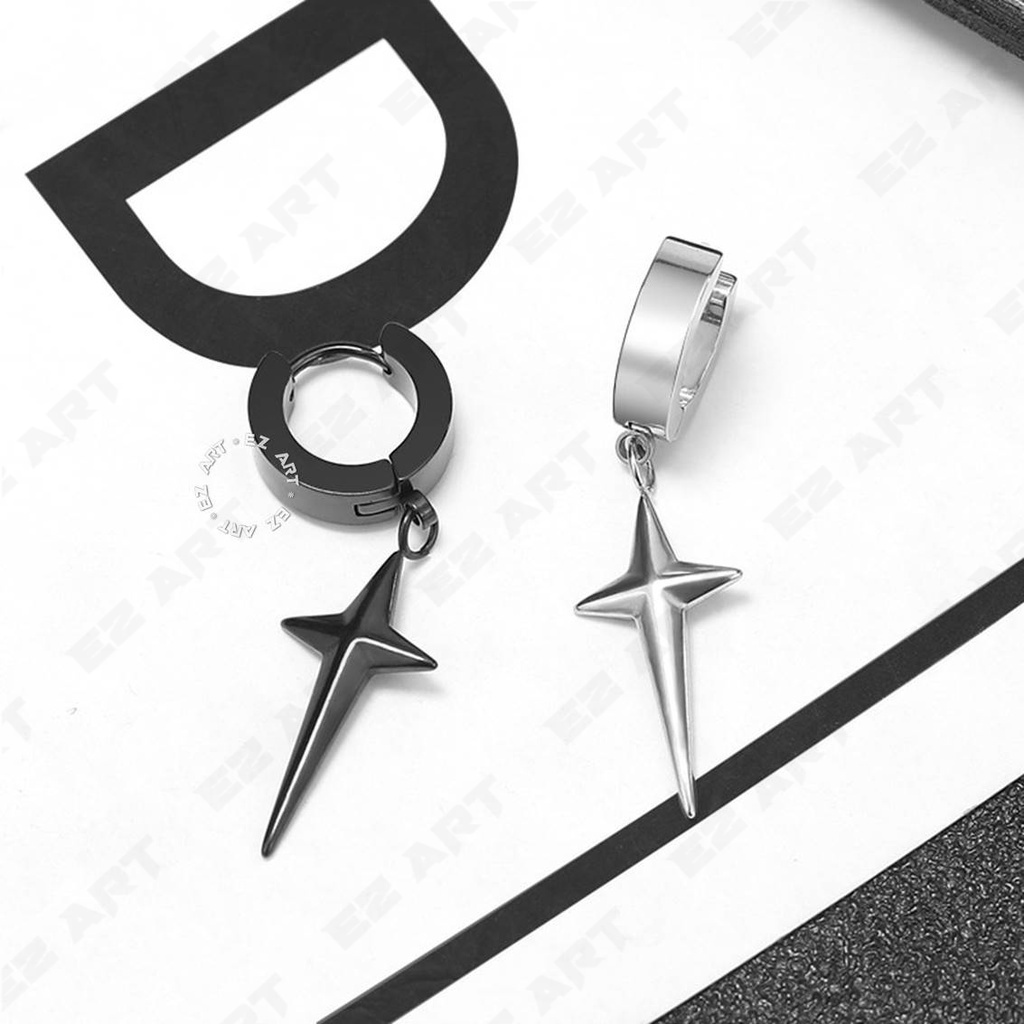 1Pc EZ-AAi ANTING FASHION COWOK 4-POINT STAR CROSS SALIB GAYA KOREA KPOP BTS PRIA WANITA JEPIT TUSUK SILVER HITAM EMAS