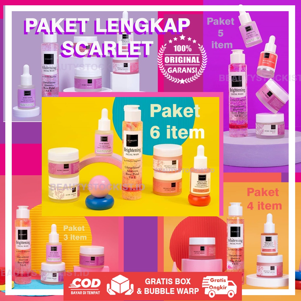Paket Hemat Lengkap Scarlett Whitening Gratis Box | Serum Toner Facial Wash Day Night Cream Scarlett