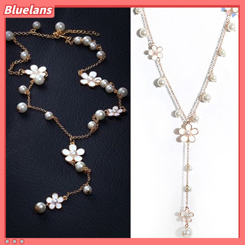 Bluelans Kalung Rantai Panjang Desain Bunga Mutiara Tiruan Gaya Korea Untuk Wanita