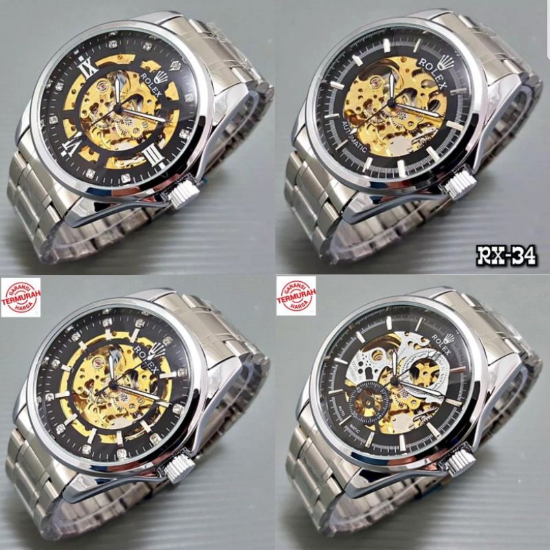 Jam Tangan Pria Otomatis Skeleton Rolex Big Chain Rantai SilverHitam