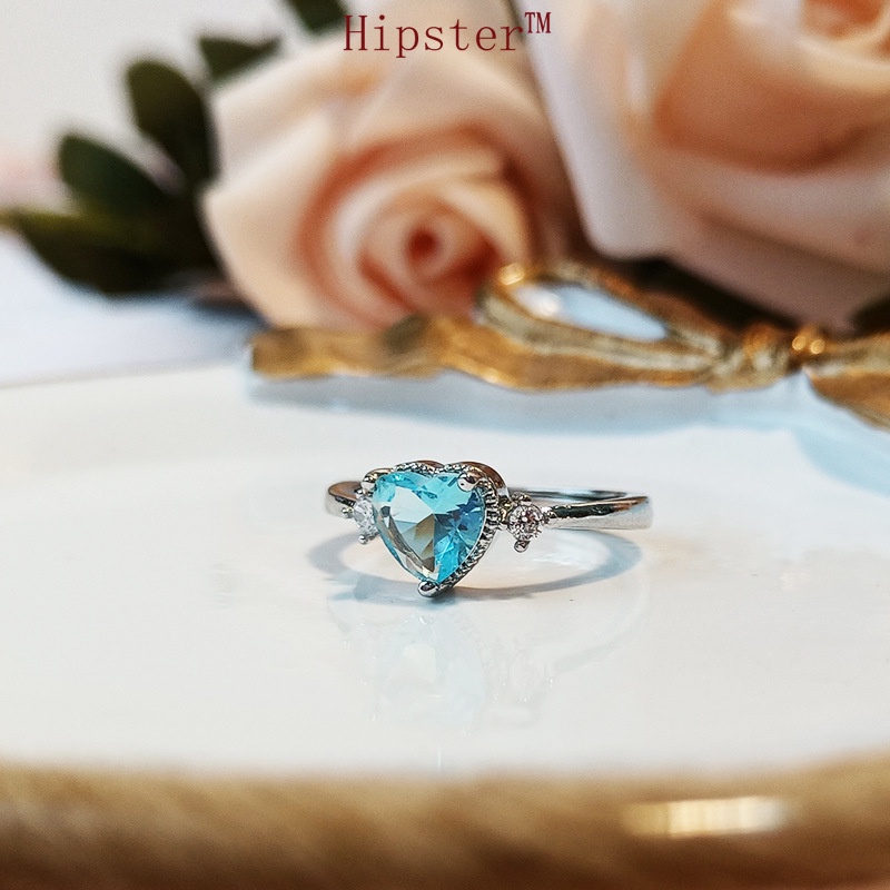 Best-Selling Classic Light Luxury Inlaid Heart-Shaped Aquamarine Couple Romantic Adjustable Ring