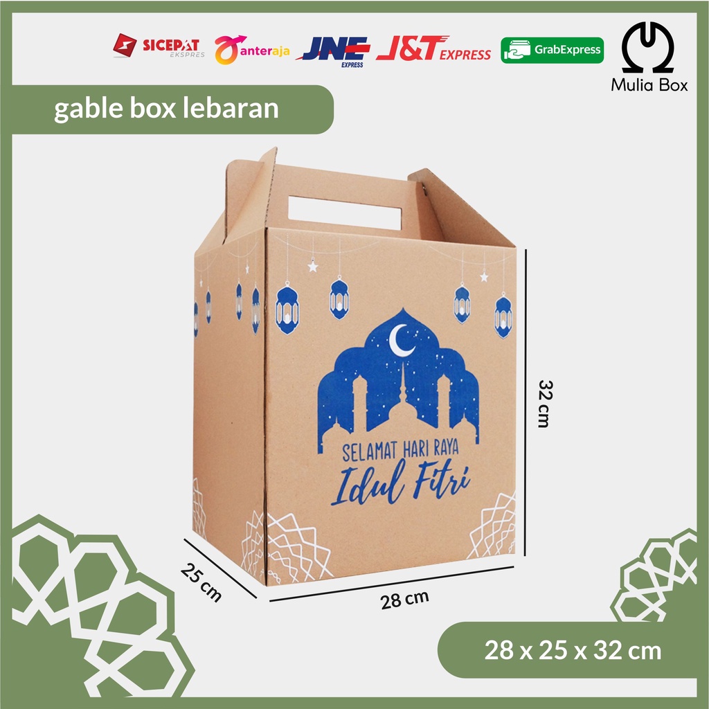 

Kardus Lebaran Idul Fitri Gable Box 28 x 25 x 32 cm Blue Mosque (ISI 5PCS) / Dus Parcel Sembako Hampers Toples Kue Kering Kado Bingkisan Corrugated Box