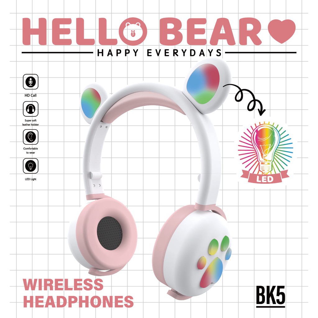 HGM-022 Bear Ear LED Light Headphones / Earphone Bisa Bluetooth / Bisa Kabel Aux Model Telinga