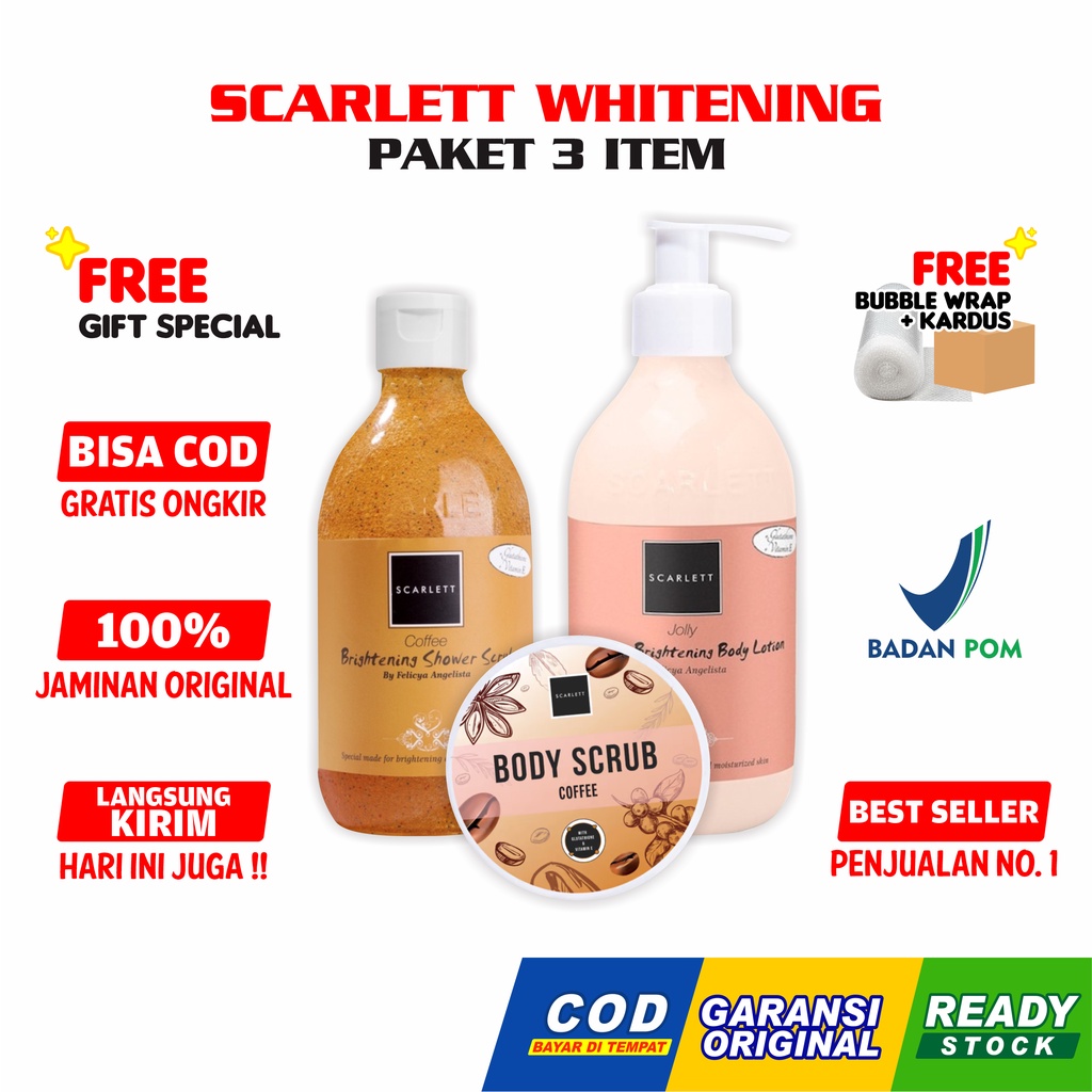 Scarlett Whitening Paket 3 Item [COD] Official Body Lotion Scrub Lulur Original Felicya Resmi Lengkap