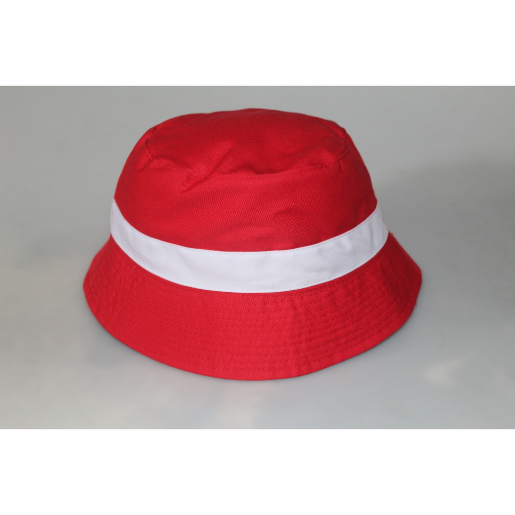 topi bucket hat bulat merah variasi list putih