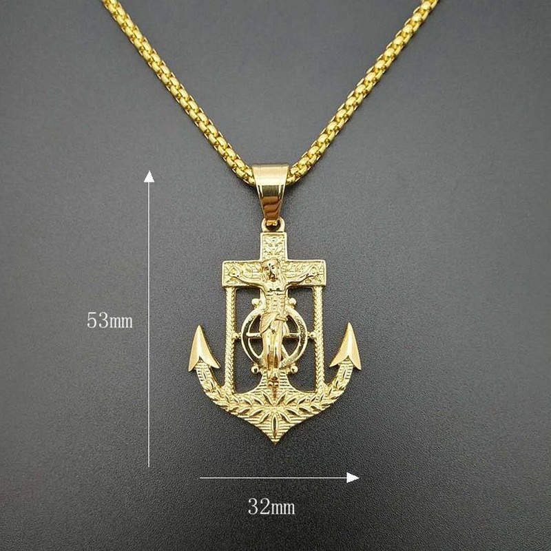 Kalung Liontin Jangkar Salib Bahan Titanium Steel Lapis Emas Gaya Hip Hop Eropa Amerika Untuk Pria