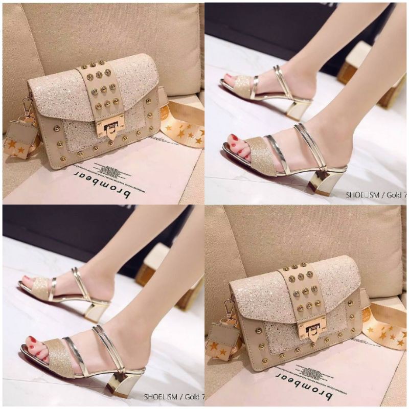 paket tas dan sandal hak tahu 2in1 wanita gliter berkilau sandal heels