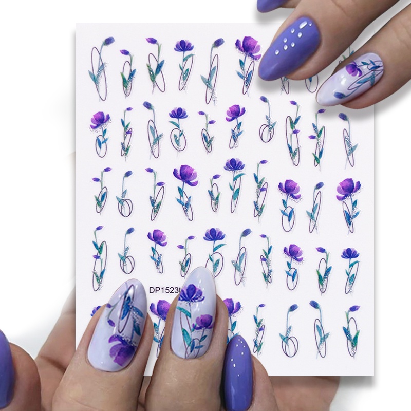 Stiker Kuku 3D Motif Bunga Ungu Dan Daun Untuk Dekorasi Nail Art