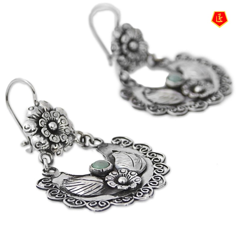 [Ready Stock]S925 Silver Vintage Inlaid Turquoise Flower Earrings