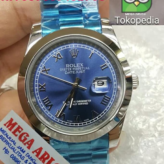 JAM TANGAN COWOK ROLEX DATEJUST SILVERBIRU ROMAWI SUPER PREMIUM AAA