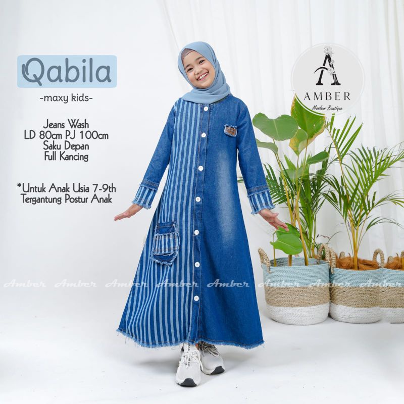 QABILA ZOSIA  MAXI GAMIS JEANS MOTIF SALUR DRESS ANAK