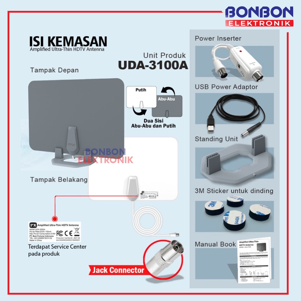 PX Antena TV Digital Analog Indoor Dinding DVBT2+Booster PX UDA-3100A