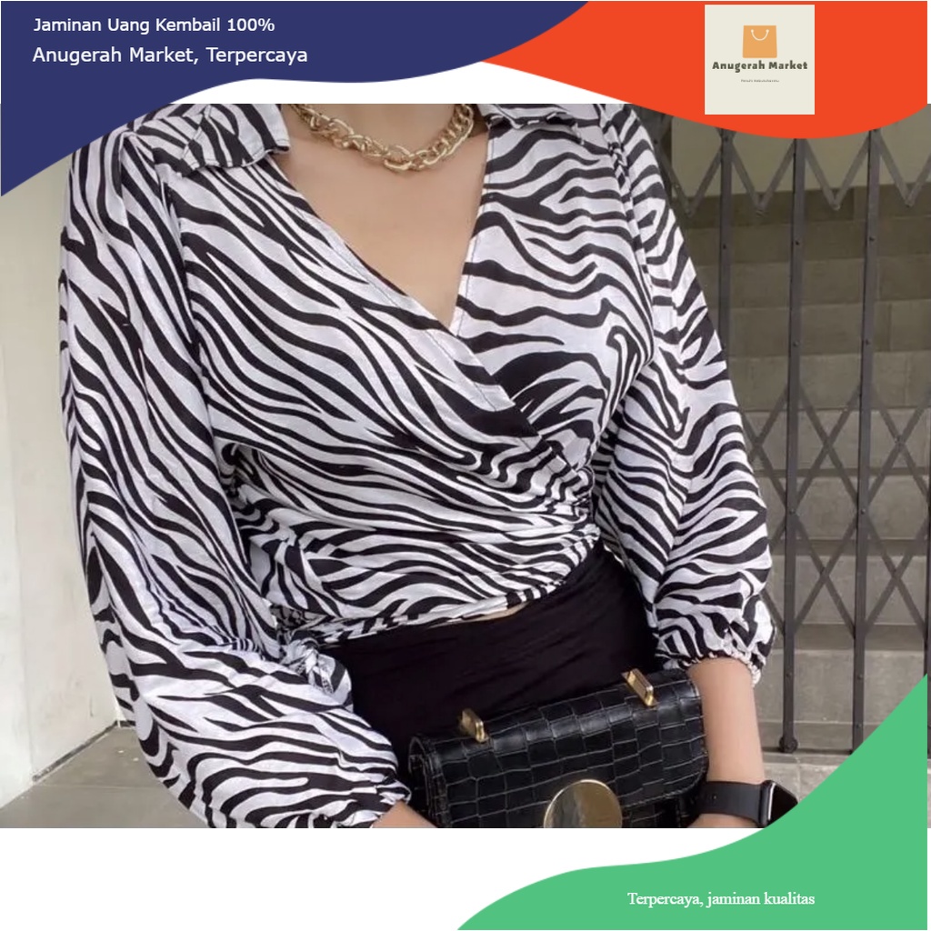 DISTA WRAP TOP MOTIF ZEBRA ATASAN KIMONO BLOUSE CROP TOP BAJU WANITA