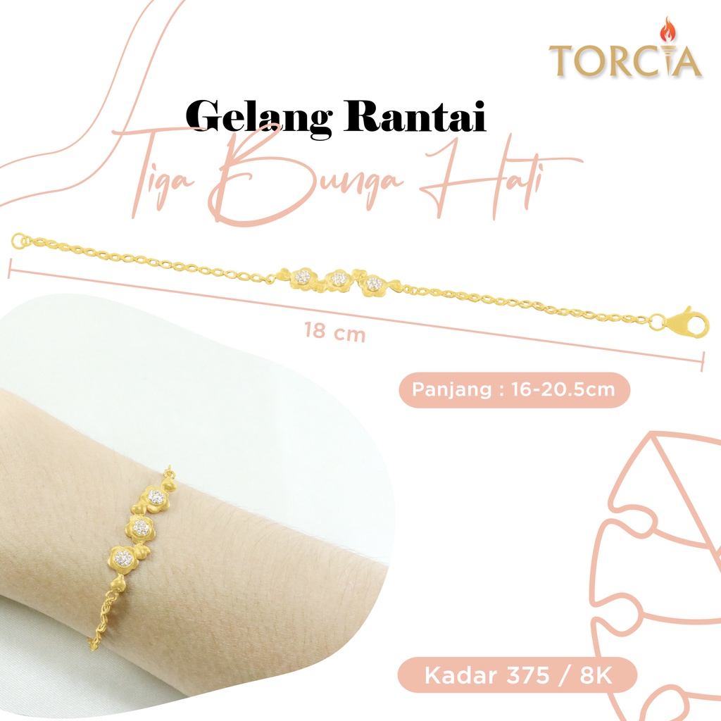 Gelang Rantai Emas Asli Tiga Bunga Hati Kadar 375 Torcia