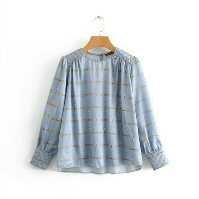 Kemeja Satin Biru Keychain Wanita Fashion Import Murah Size S, M, L-MC23863