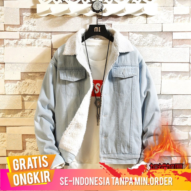 Outerwear Pria Denim Jaket  Korea Bulu Berlapis Tebal Kasmir Faux    musim Gugur    Tren Mantel Deni