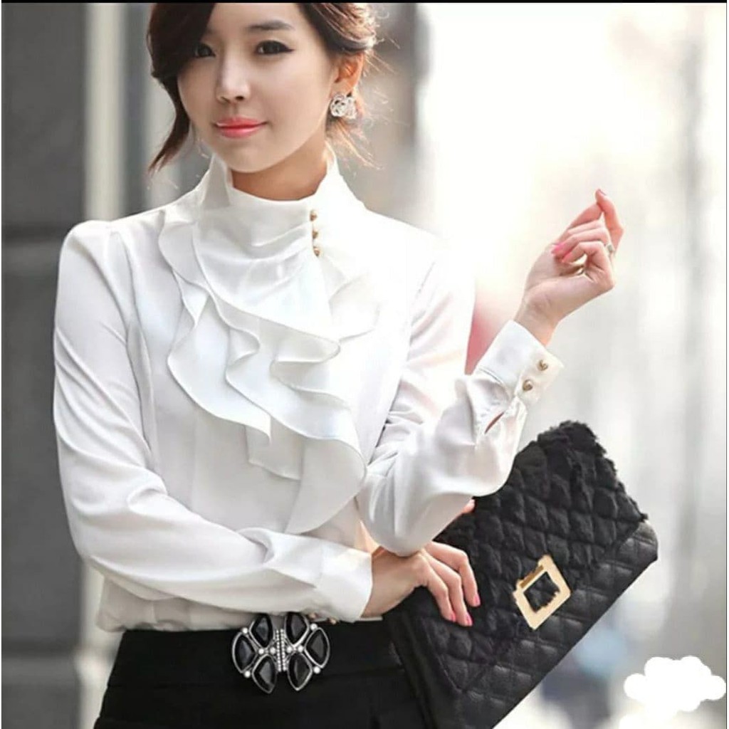 BLOUSE KOREA OFFICE Baju Blus Bluse Atasan Wanita Cewek Korea Korean Kerja Kampus Warna Putih-K-2