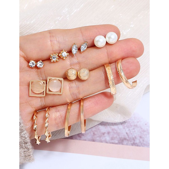 LRC Anting Set Fashion Gold Color Round Shape Decorated (9pairs) F13223