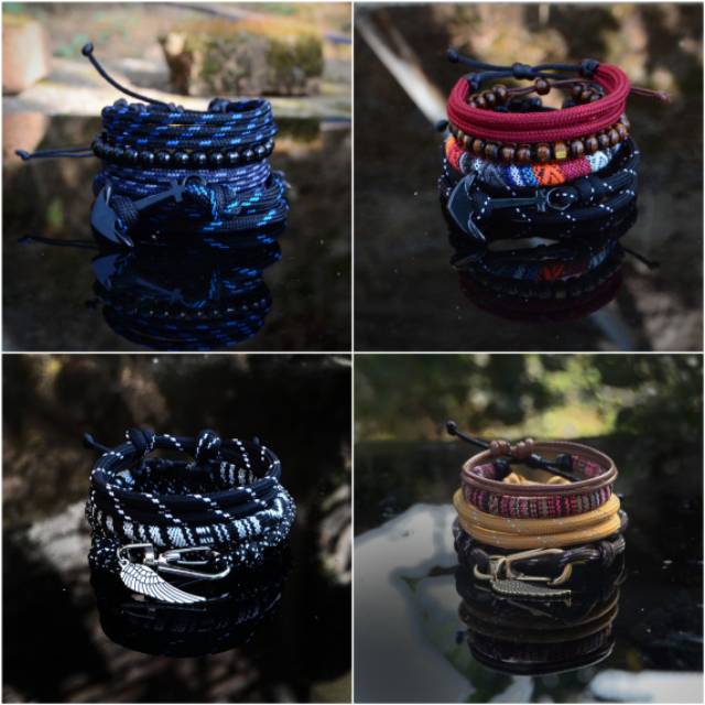 Gelang Pria Laki Laki Cowok Paket Set Paracord 4mm Warna Hitam Jangkar Premium Termurah