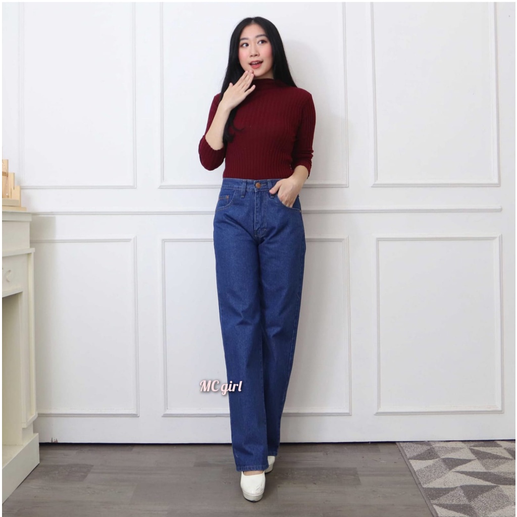 MC girl - Kulot Panjang Jeans Warna Biru Tua Wanita / Celana Jeans Kulot Boyfriend Dark Blue / Kaki Lebar