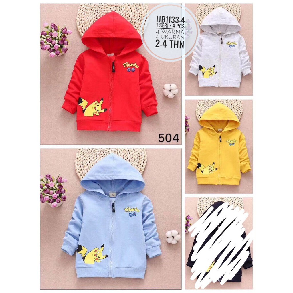 Ijb1133 4 1pc 4pcs Jaket Cowo Bertopi Sablon Gambar Pikachu Umur 2