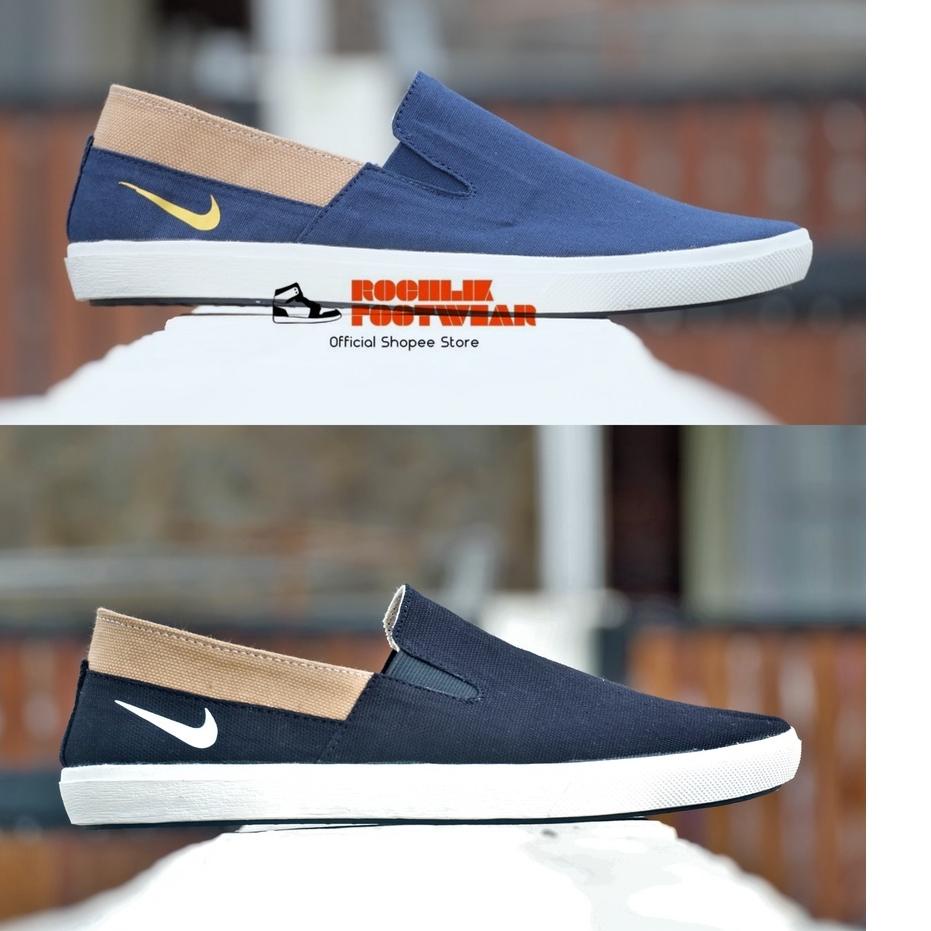 [PRODUK 0SCZ7] sepatu slip on pria nike warna hitam biru dengan berbahan kanvas slop sneakers kasual