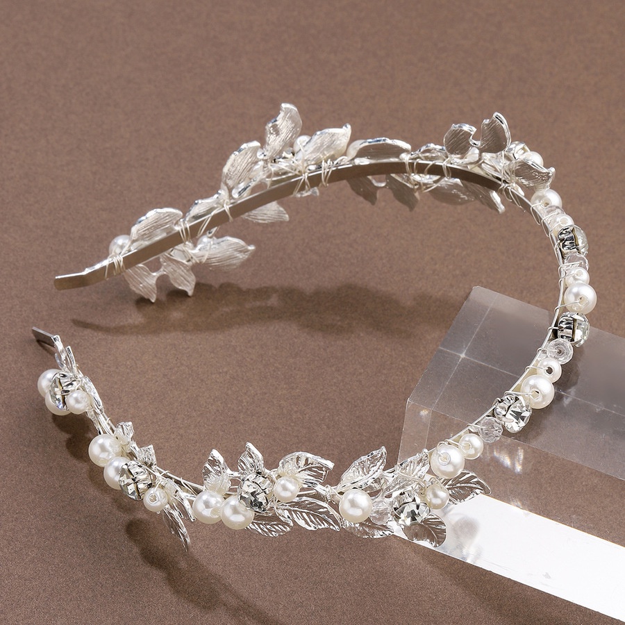 Korean Alloy Leaf Pearl Rhinestone Headband Baroque Bride Wedding Hair Band Elegant Hair Accessories