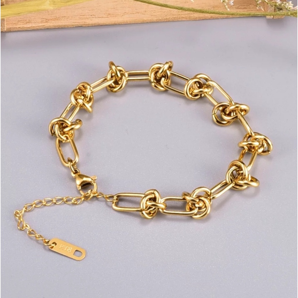 Gelang Tangan Rantai Titanium Model Rantai Simpul Warna Gold