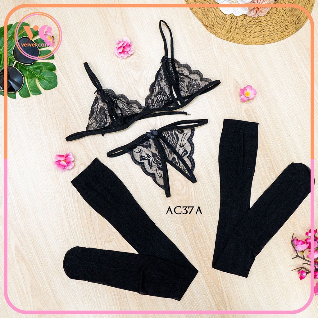 [TOKO TRUSTED] SET UNDERWEAR WANITA BH CD SEKSI DAN LEGGING STOCKING SEXY LACE WANITA HITAM AC-AD37