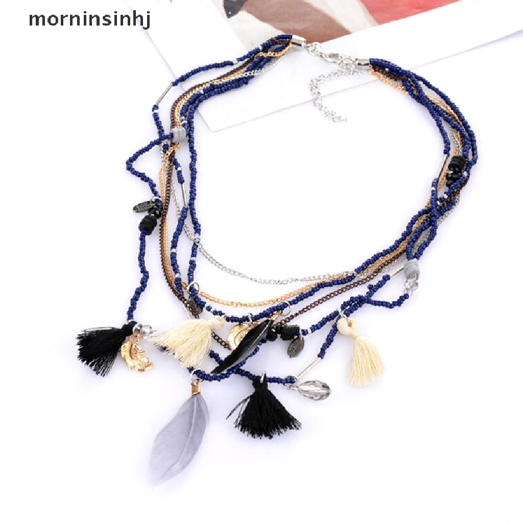 Mor Kalung Rantai Manik Multilapis Pendant Bulu Gaya Boho