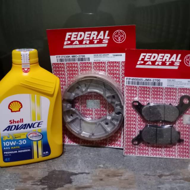 Paket kampas rem depan belakang Federal parts+ oli mesin Shell ax5 bebek/matic for Mio smile/Vega zr