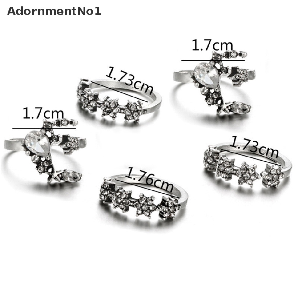 (AdornmentNo1) 5pcs / Set Cincin Vintage Gaya Boho Bentuk Bintang / Bunga / Kristal Silver Untuk Wanita