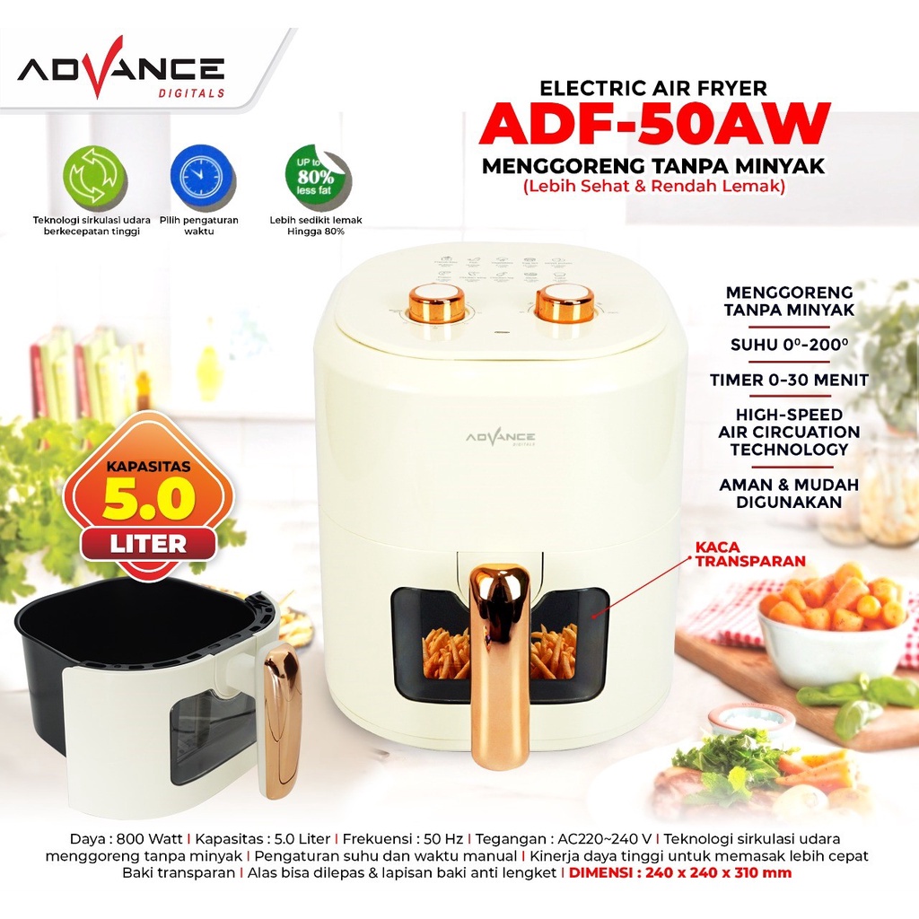 Air Fryer Advance ADF-50AW tutup kaca Hemat Listrik Low Watt