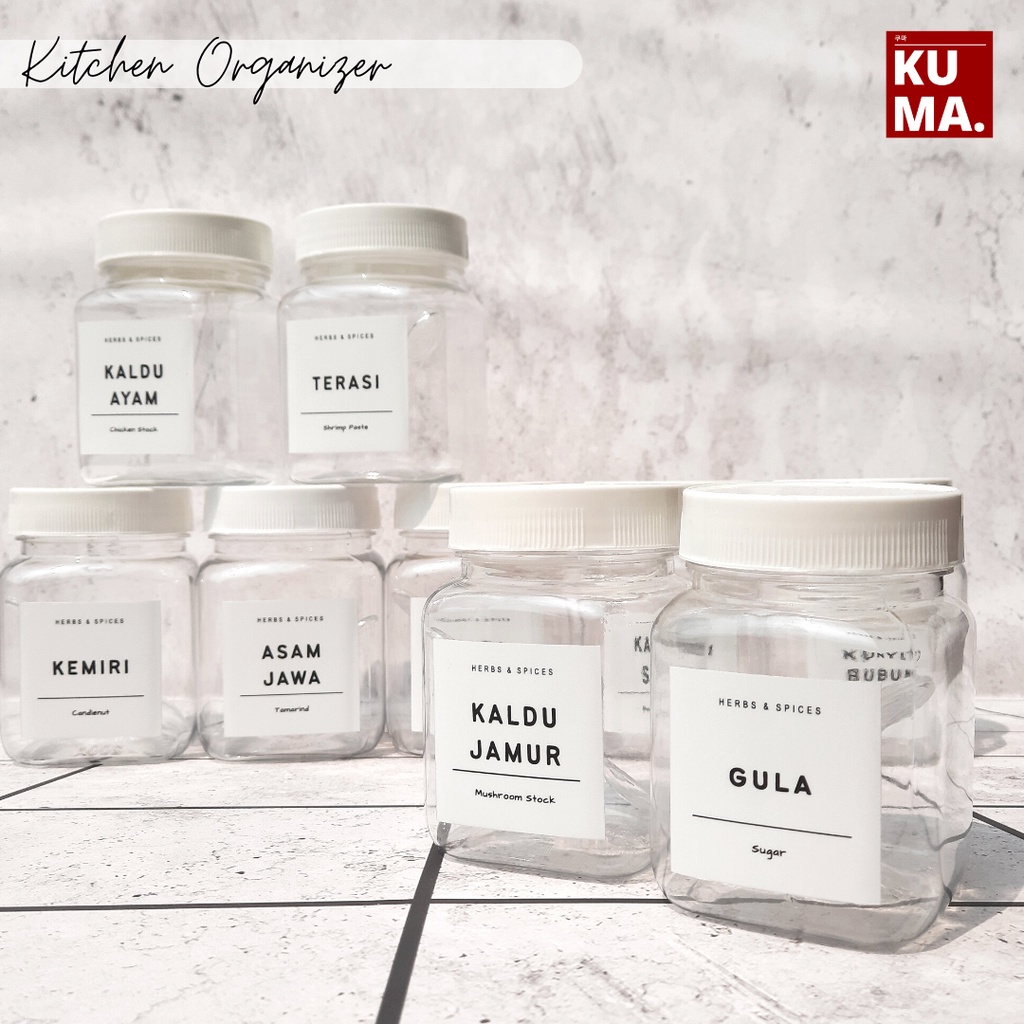 KUMA Toples Tempat Bumbu Dapur 200ml Set Aesthetic Free Sendok Label Waterproof